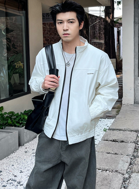 零界素白色刺绣松紧立领夹克外套男生日常宽松长袖上衣休闲秋季