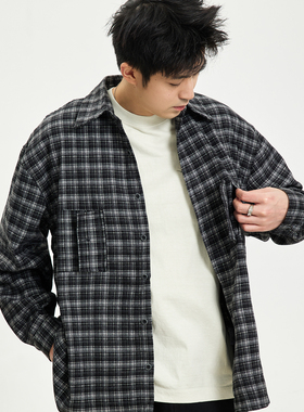 零界素 日系穿搭黑色格子毛呢衬衫男长袖春秋学院风休闲衬衣外套