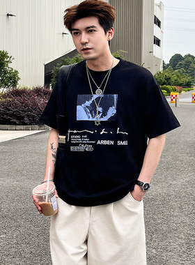 夏季320g重磅黑色日系休闲印花LOGO圆领纯色短袖宽松T恤学生情侣