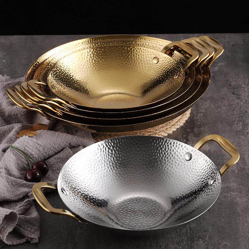 创意锤纹加厚不锈钢干锅酒吧鼎金色双耳小锅仔商用酒精炉火锅锅子