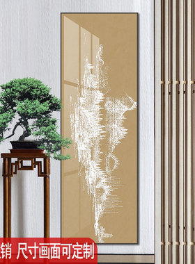 新中式竖窄长条装饰画名宿酒店竖款画布壁画饭店茶室大厅过道挂画
