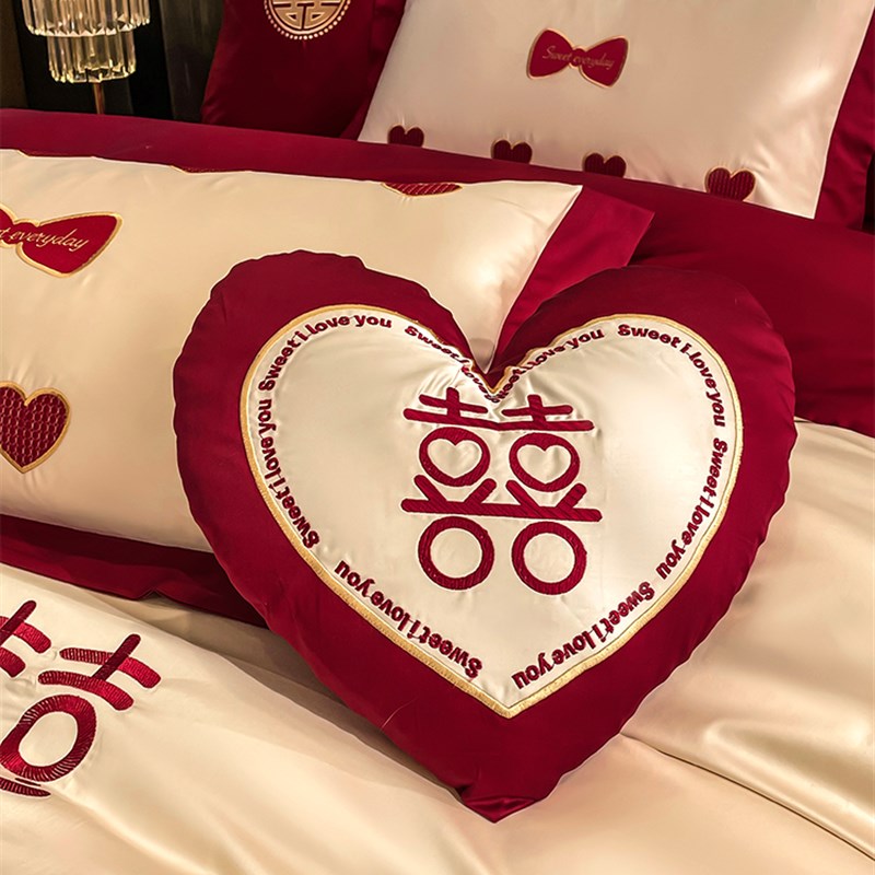公主风结婚四件套新婚床上用品全棉红色喜庆100支长绒棉抱枕六件4