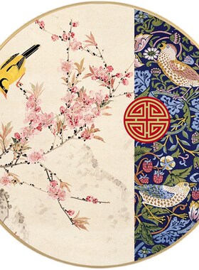 新中式圆形玄关装饰画中国风走廊过道背景墙壁画餐厅茶室花鸟挂画