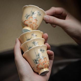 弥言纯手绘竹子闻香聚香杯家用花口主人杯小清新茶杯手工陶瓷薄胎