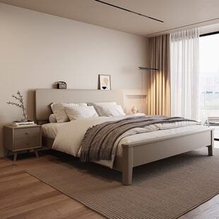 莫兰迪灰实木床现代简约1.35米成人床主卧2米x2米2大床民宿床北欧