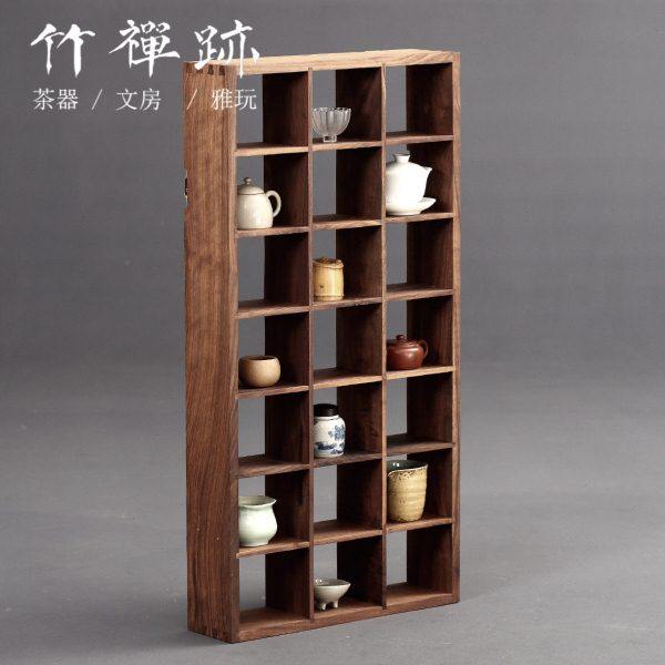 竹禅迹|黑胡桃木博古架 茶具格子收纳置物架实木展示架挂墙多宝阁
