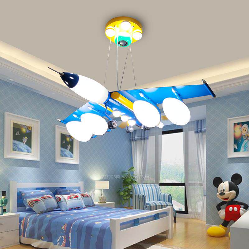 儿童房智能飞机吊灯 护眼LED大功率铁艺玻璃灯 音乐语音遥控创意