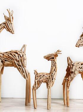 新春装饰手工动物木鹿摆件落地新房开 业客厅橱窗招财结婚创意礼