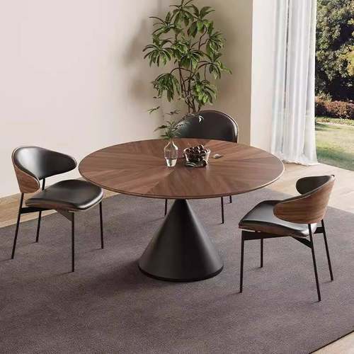 中古风圆形实木餐桌家用现代简约胡桃色拼花圆桌法式复古北欧饭桌