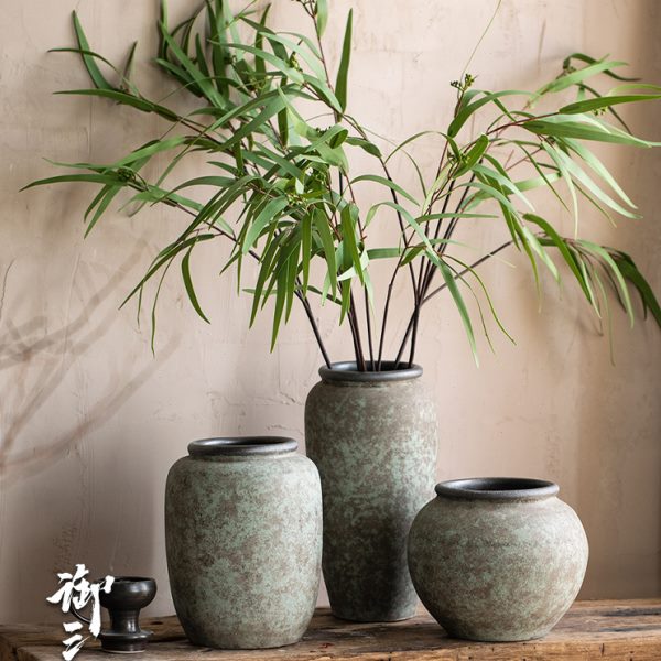 复古田园侘寂风插鲜花粗陶陶瓷花瓶台面插花手工民宿酒店禅意装饰