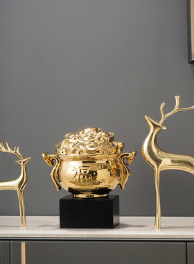 一鹿招财百福聚财缸聚q宝盆客厅摆件办公室老板领导高档桌面装饰