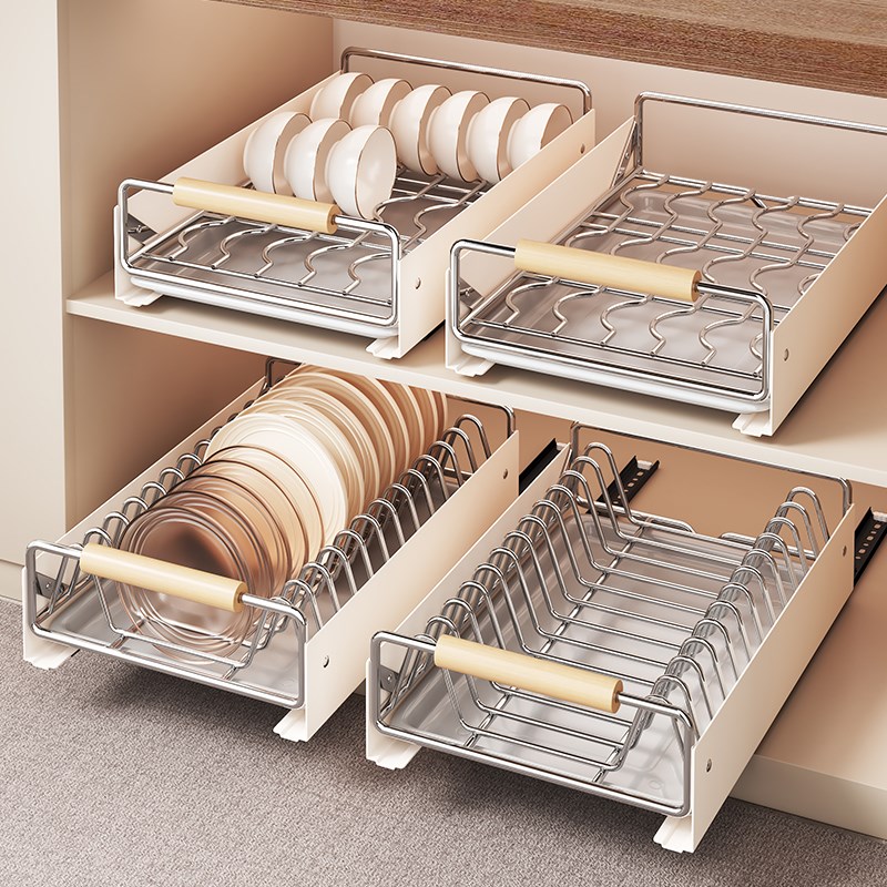 厨房抽拉式e碗碟收纳架不锈钢碗架置物架橱柜碗碟拉篮抽屉式沥水