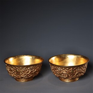 古董老物件收藏大k清乾隆年制鎏金浮雕双龙戏珠碗仿铜碗家居摆件
