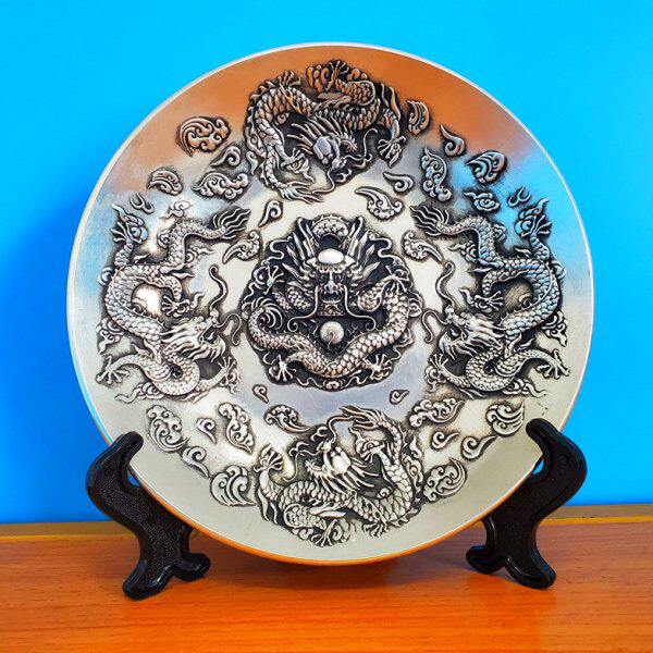 摆件白铜镀银五龙献瑞盘子 家居新中式装饰品 酒柜工艺品 铜器