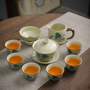家用n2023新款 汝窑功夫茶具套装 茶壶盖碗泡茶陶瓷茶杯茶盘一体用