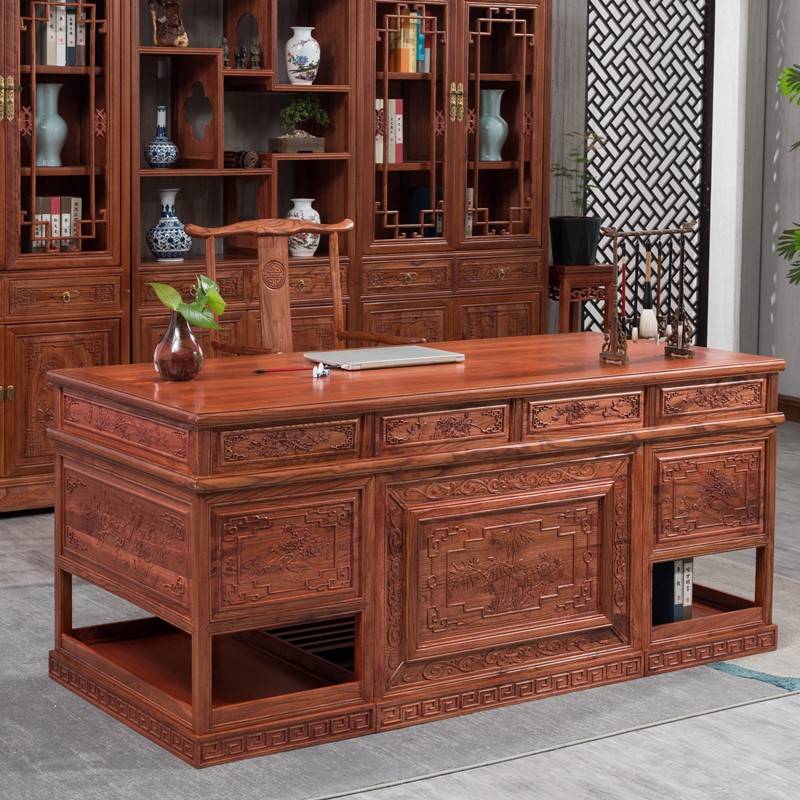 需定制实木办公桌书房套装组合仿古榆木电脑书桌新中式老板桌中医
