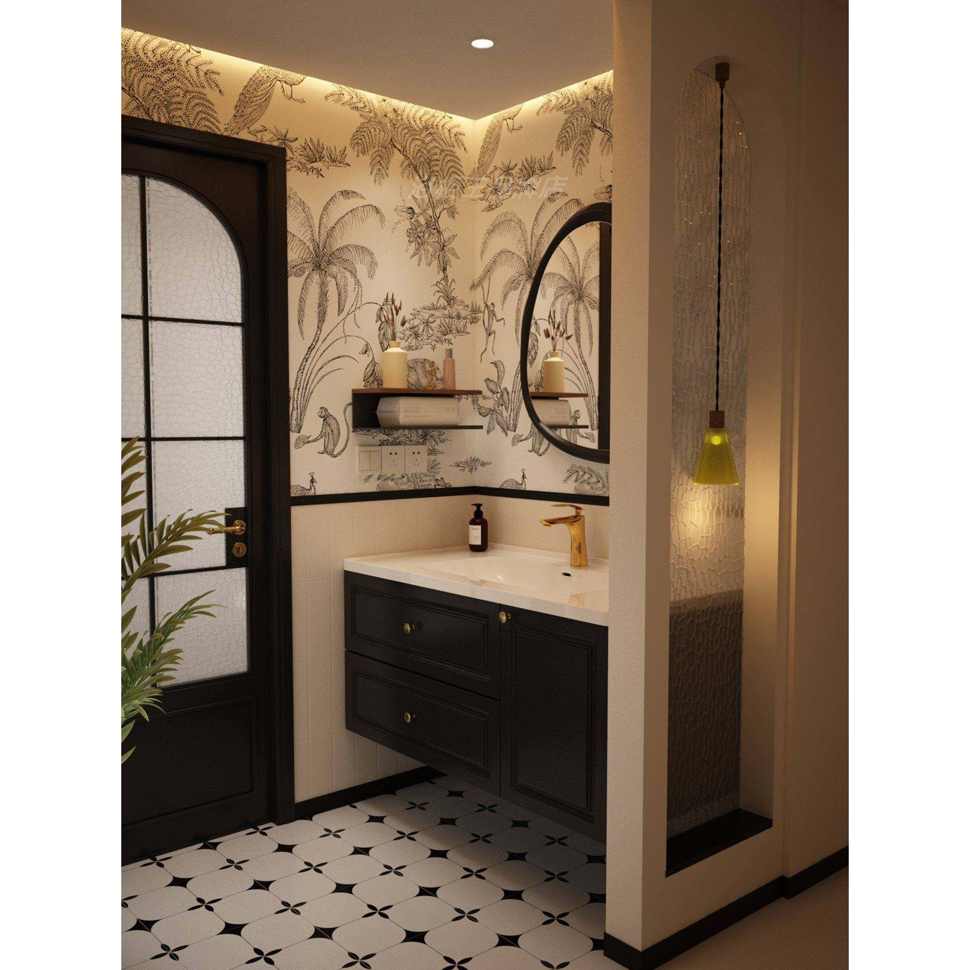 黑色法式浴室柜组合卫生间洗漱台陶瓷一体洗脸盆欧式洗手池中古风