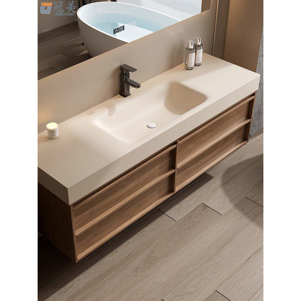 复古中古风可丽耐一体盆浴室柜组合卫生间岩板洗漱台洗手脸池定制