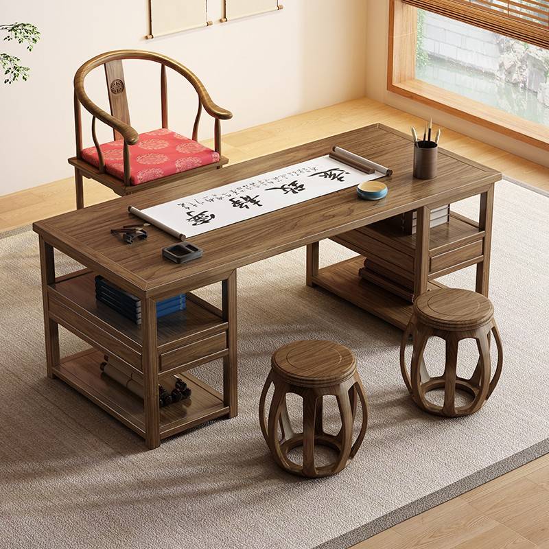 需定制新中式榆木书桌简约家用书法桌全实木带抽屉写字台办公桌中