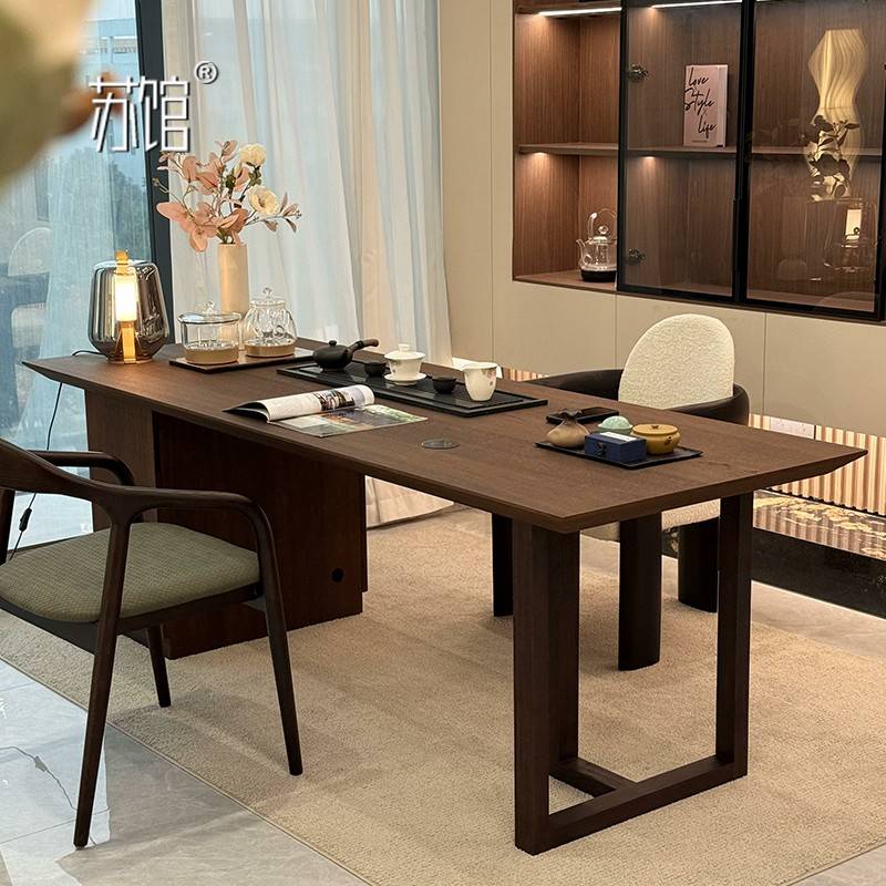 需定制苏馆黑胡桃木茶桌椅组合现代实木大板泡茶台家用办公简约泡