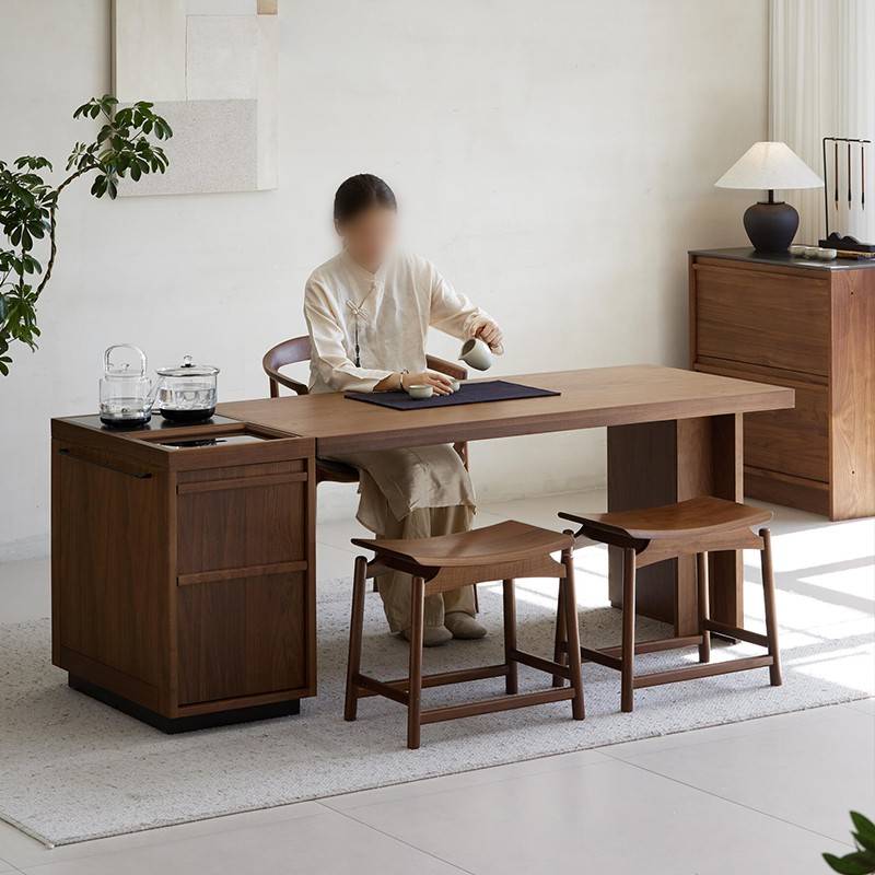 需定制新中式北美黑胡桃木茶桌椅组合简约现代实木茶室泡茶台办公