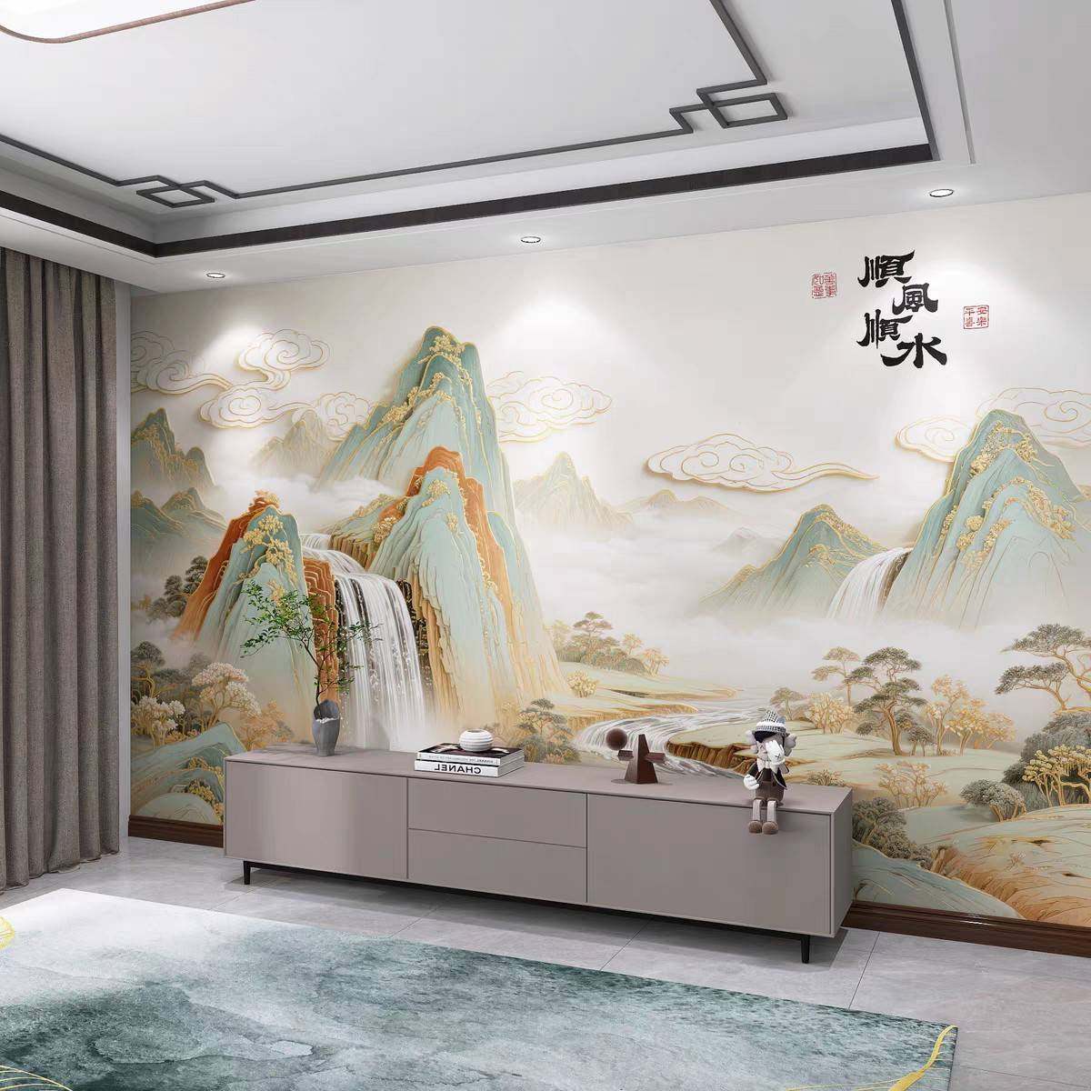 客厅电视背景墙壁布高级感新中式山水沙发卧室壁画3d立体浮雕墙纸