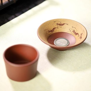 宜兴原矿紫砂茶漏全手工刻绘x斗笠茶滤茶道配件茶叶过滤器家用茶