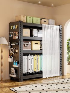 家用洞洞板货架带防尘帘多层落地置物架钢制行李箱收纳架储物架