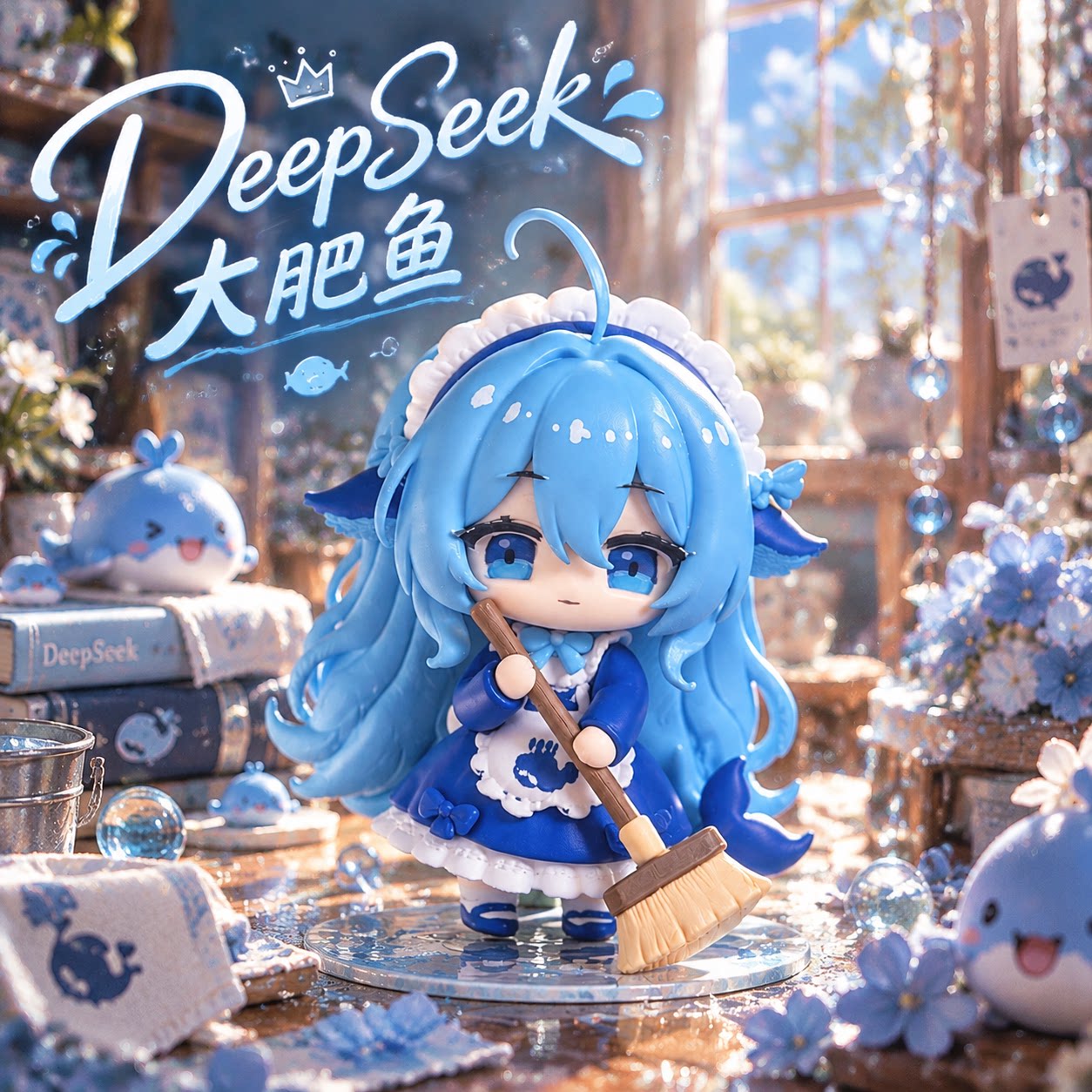 DeepSeek大肥鱼扫地版手办3D打印抽象机娘模型创意桌面装饰摆件