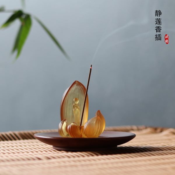 古法琉璃香炉香插莲花天青色粉色线香插禅意桌面摆件小佛香插香座