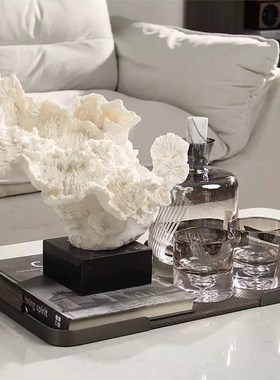 样板房客厅现代轻奢茶几售v楼部酒店洽谈桌托盘酒具珊瑚石组合摆