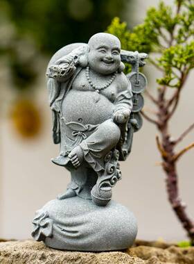 蓝砂岩鱼缸造景佛像装饰招财弥勒佛创意装饰中式禅宗桌面装饰