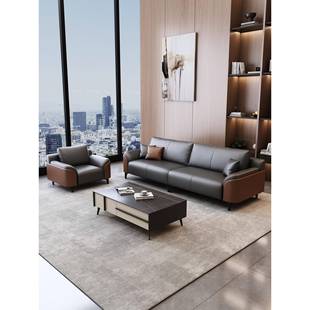 意式 真皮办公室沙发简约现代会客休闲贵宾接待商务三人位茶几组合
