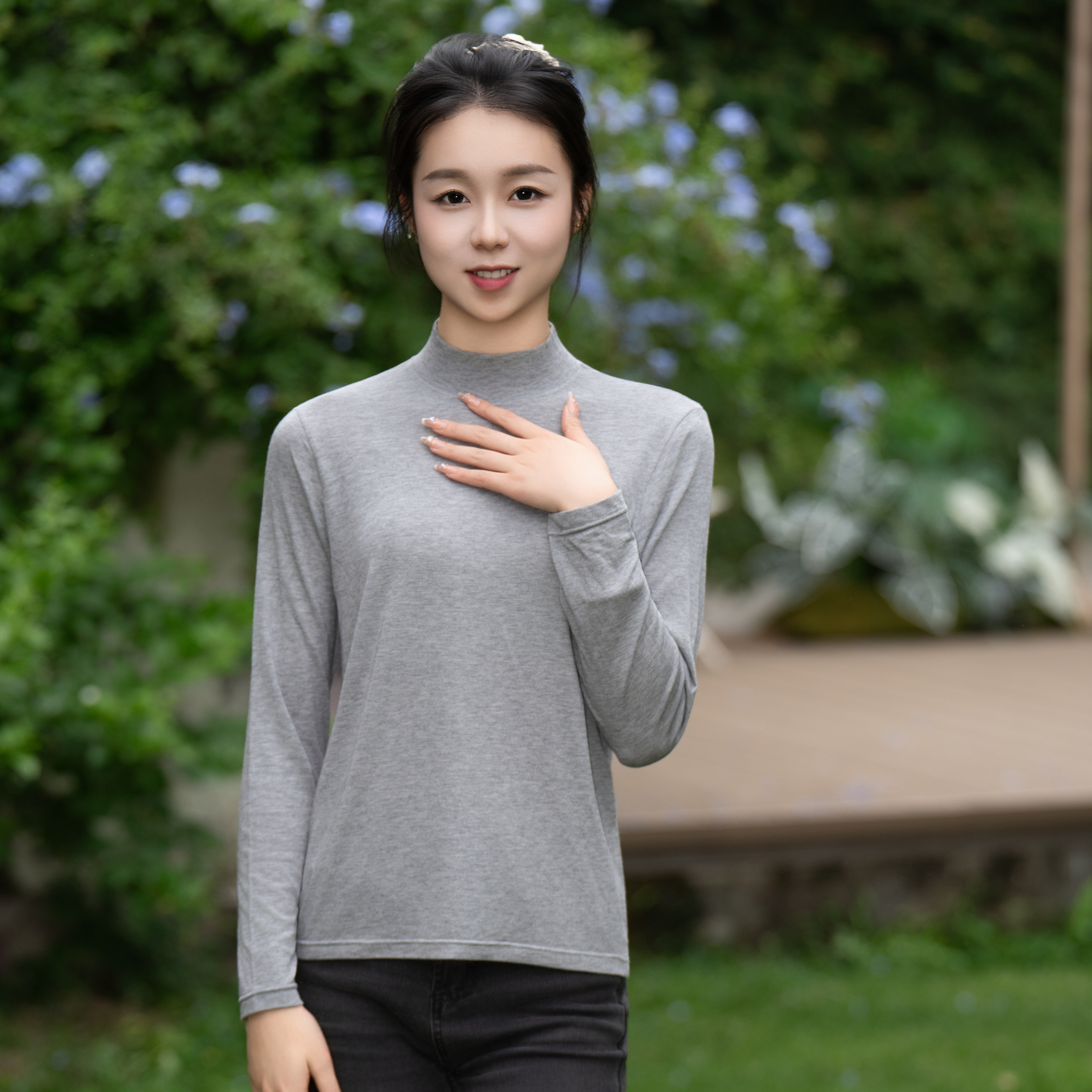 MOOYANG/慕羊女小羊绒长袖半高领上衣夏季薄款