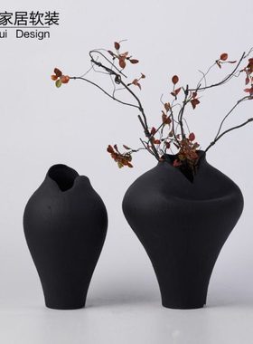 新中式复古黑色异形陶瓷花瓶摆件样板房售楼处酒店花器工艺软装饰