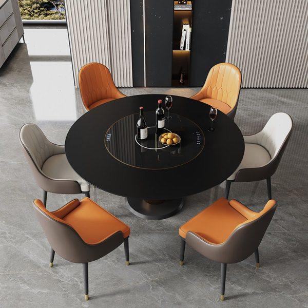 纯黑岩板餐桌高端家用小户型多功能内嵌转盘电磁炉圆形轻奢餐桌椅,住宅家具,岩板餐桌,淘宝优惠券,粉丝福利购,淘宝优惠卷