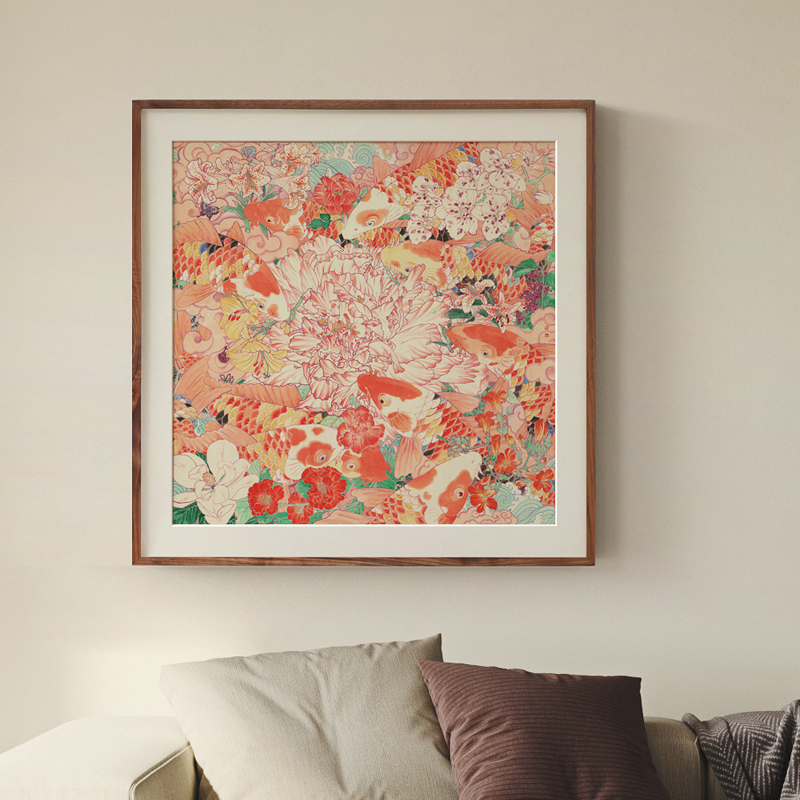 张文学x九如图九鱼图锦鲤方形客厅装饰画P玄关法式奶油风挂画