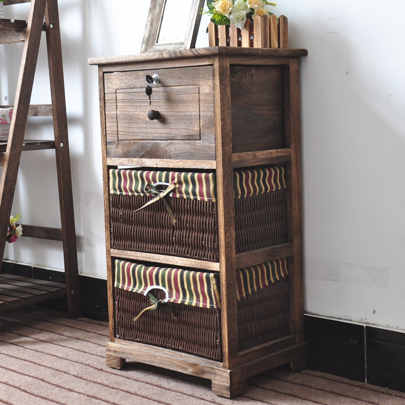 床头柜实木带锁收纳柜抽屉复古柜子卧室五斗柜U田园小型储物柜