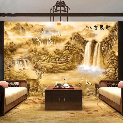 3D浮雕中式山水画风景办公室墙纸5d壁画客厅电视背景墙壁纸墙布