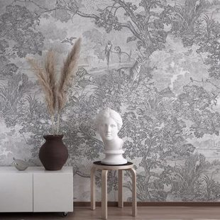 现代北欧丛林壁纸客厅卧室黑白森林墙纸民宿餐厅法式 风景复古壁画