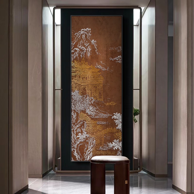 新中式玄关装饰画《锦绣山河》风景浮雕肌理立体高端大气竖款挂画