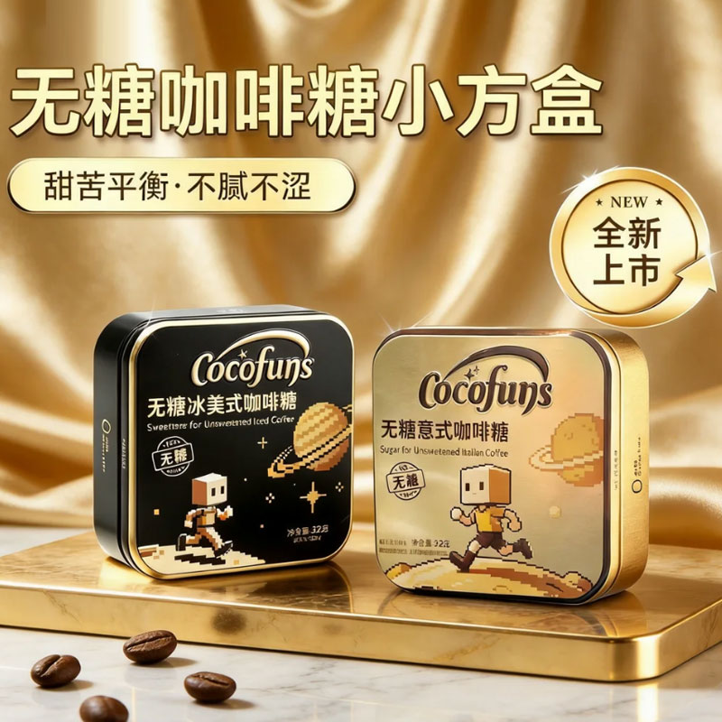 COCOFUNS冰美式无糖咖啡糖意式木糖醇润喉清凉特浓黑金咖啡小方盒
