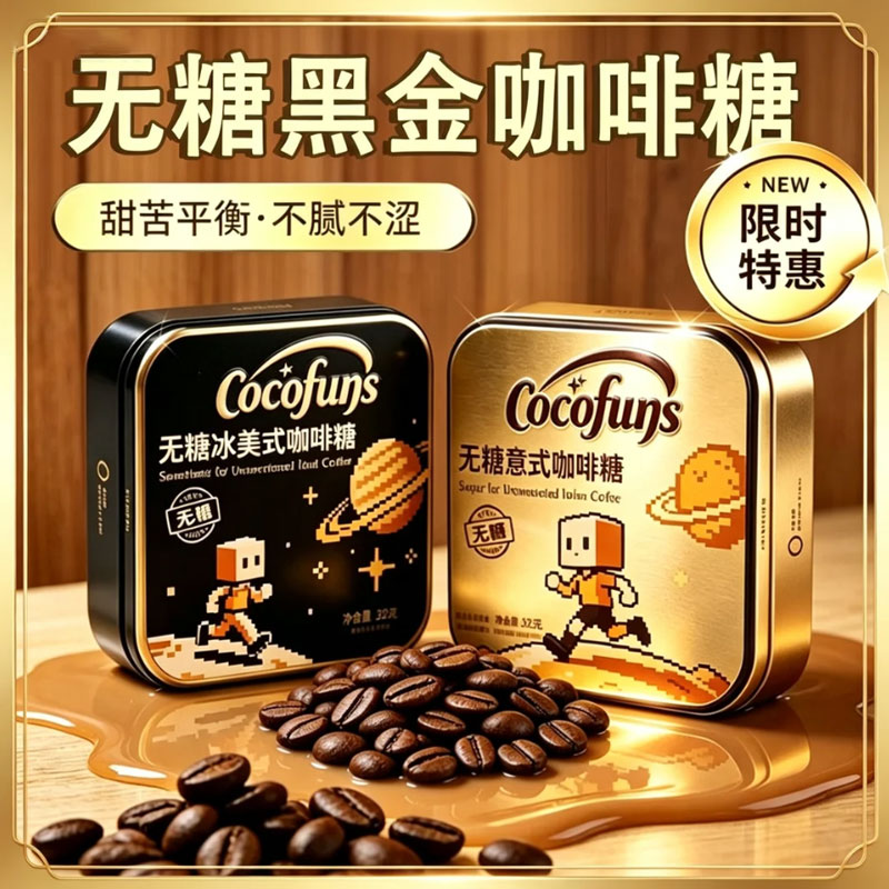 COCOFUNS冰美式无糖咖啡糖意式木糖醇润喉清凉特浓黑金咖啡小方盒