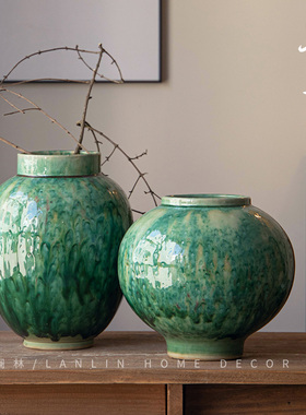 中式陶瓷小花瓶高级感碧绿色x系月亮罐陶罐餐客厅书房茶室禅意摆