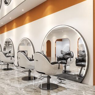 剪大美发店镜台发理发单店落地式潮店镜双面圆镜子落地不锈钢网红