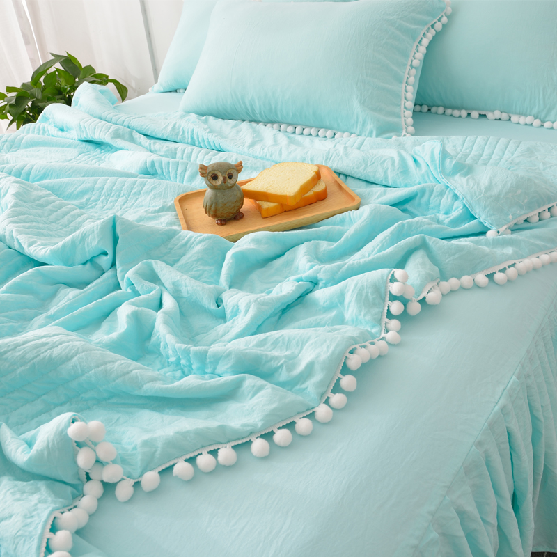 少女心水洗棉夏被床裙四件套公主风梨花毛球球薄被子夏凉被空调被