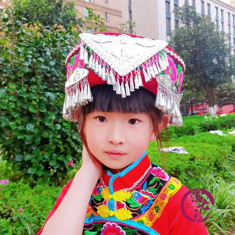 吊银饰珠珠帽蕾丝三角苗族彝族撒尼族配饰女童帽民族服装帽公主帽