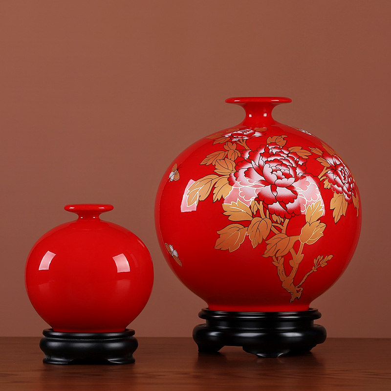 东方泥土 中国红陶瓷花瓶摆件 新中式家居客厅电视柜博古架装饰品
