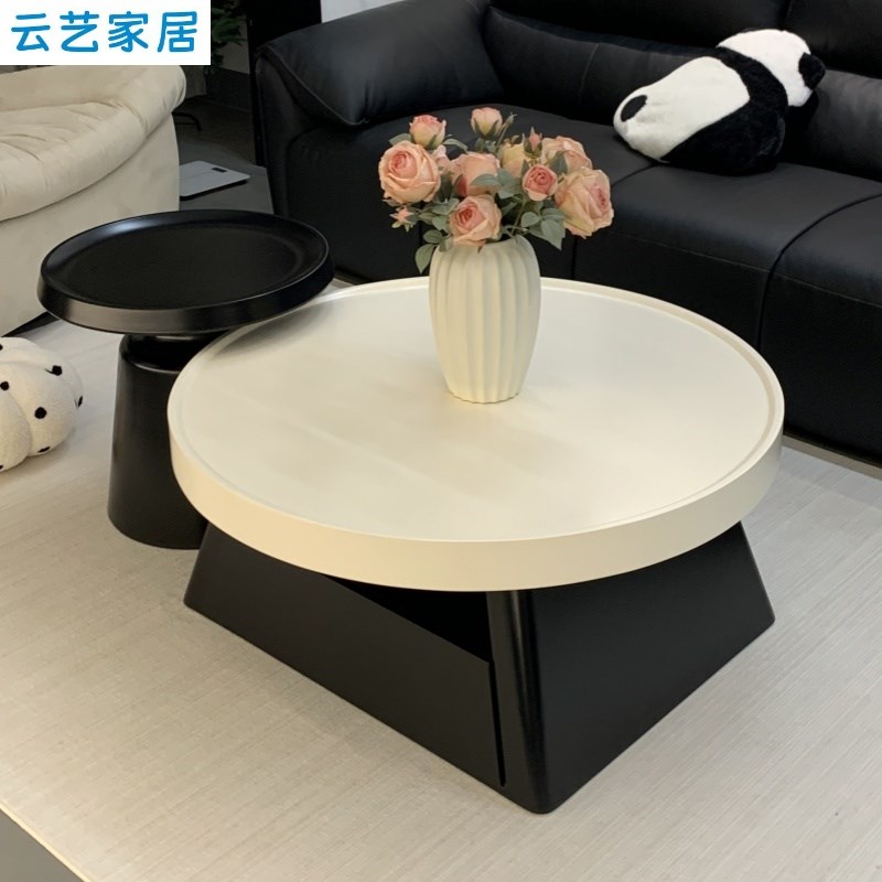 圆形黑白茶几客厅家用2024新款法F式奶油风极简小户型轻奢高级感