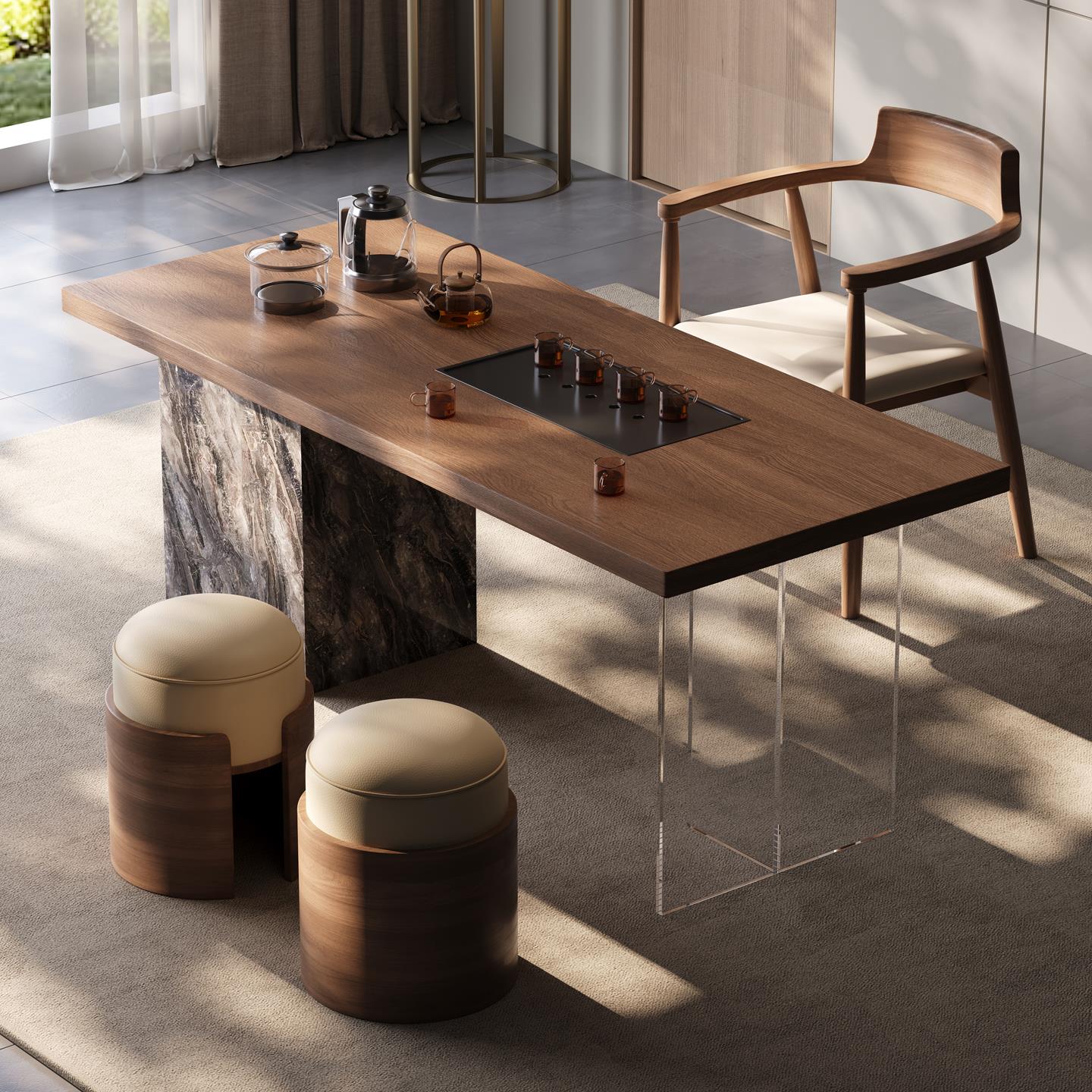 轻奢意式小户型家用阳台茶桌椅组合高级感木纹岩板泡茶台2025新款